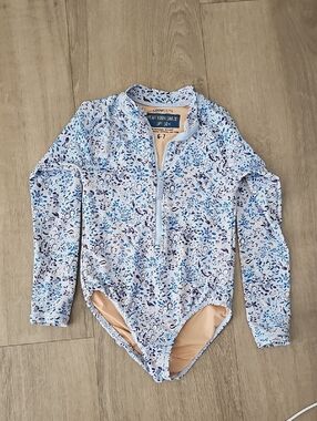 Crewcuts Girls' Blue Floral Long-Sleeve UPF Swim Rashguard One-Piece Size 6-7